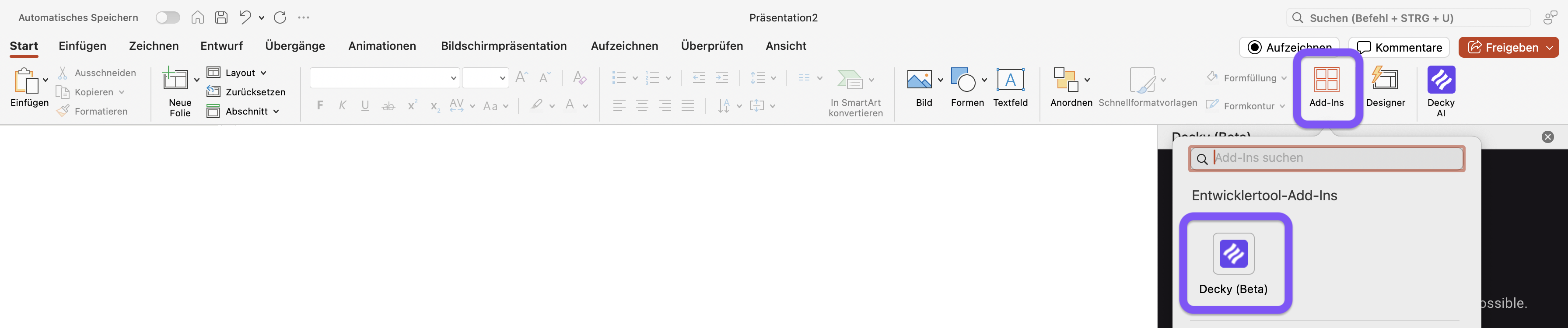 Screenshot of a presentation software toolbar in German with the Add-Ins menu open, highlighting the Decky AI add-in.