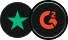 Two circular icons: green star on the left and red G2 logo on the right.