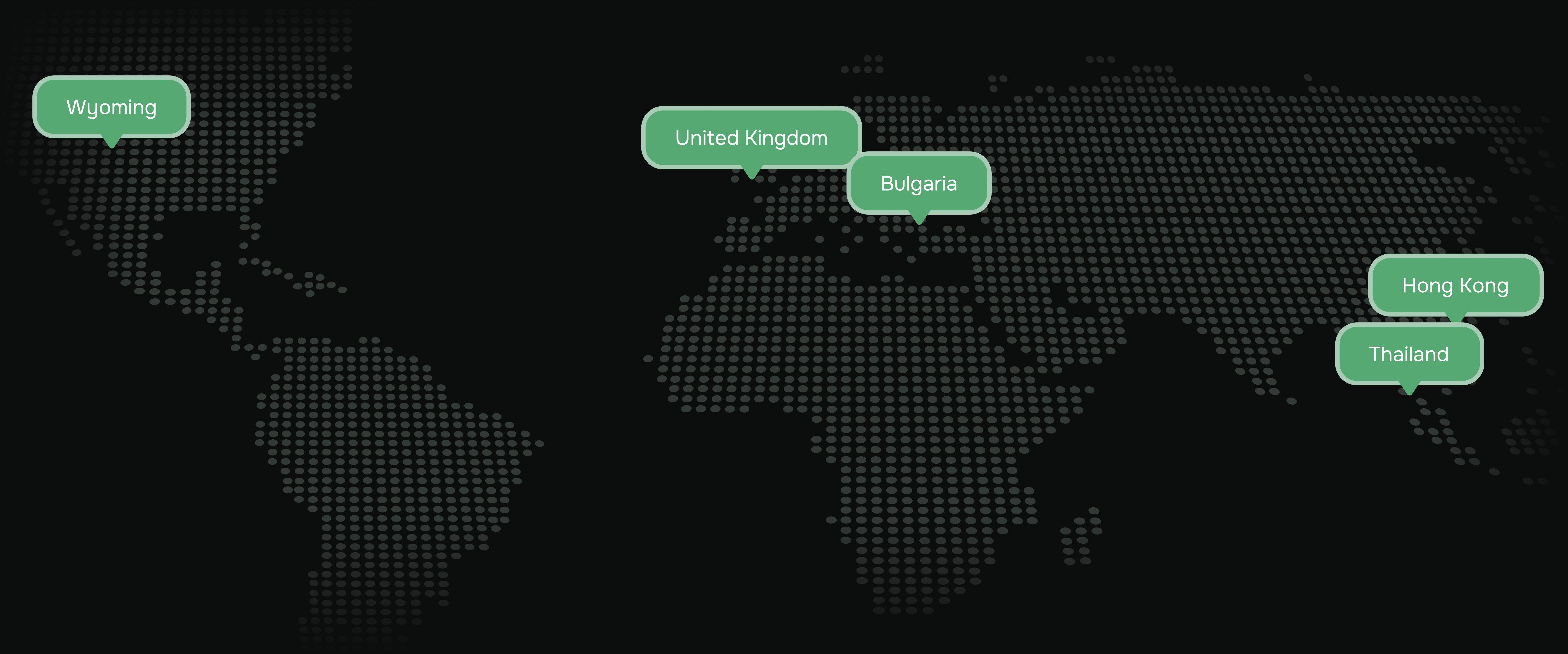 Dotted world map with labels marking Wyoming in North America, United Kingdom and Bulgaria in Europe, and Hong Kong and Thailand in Asia.