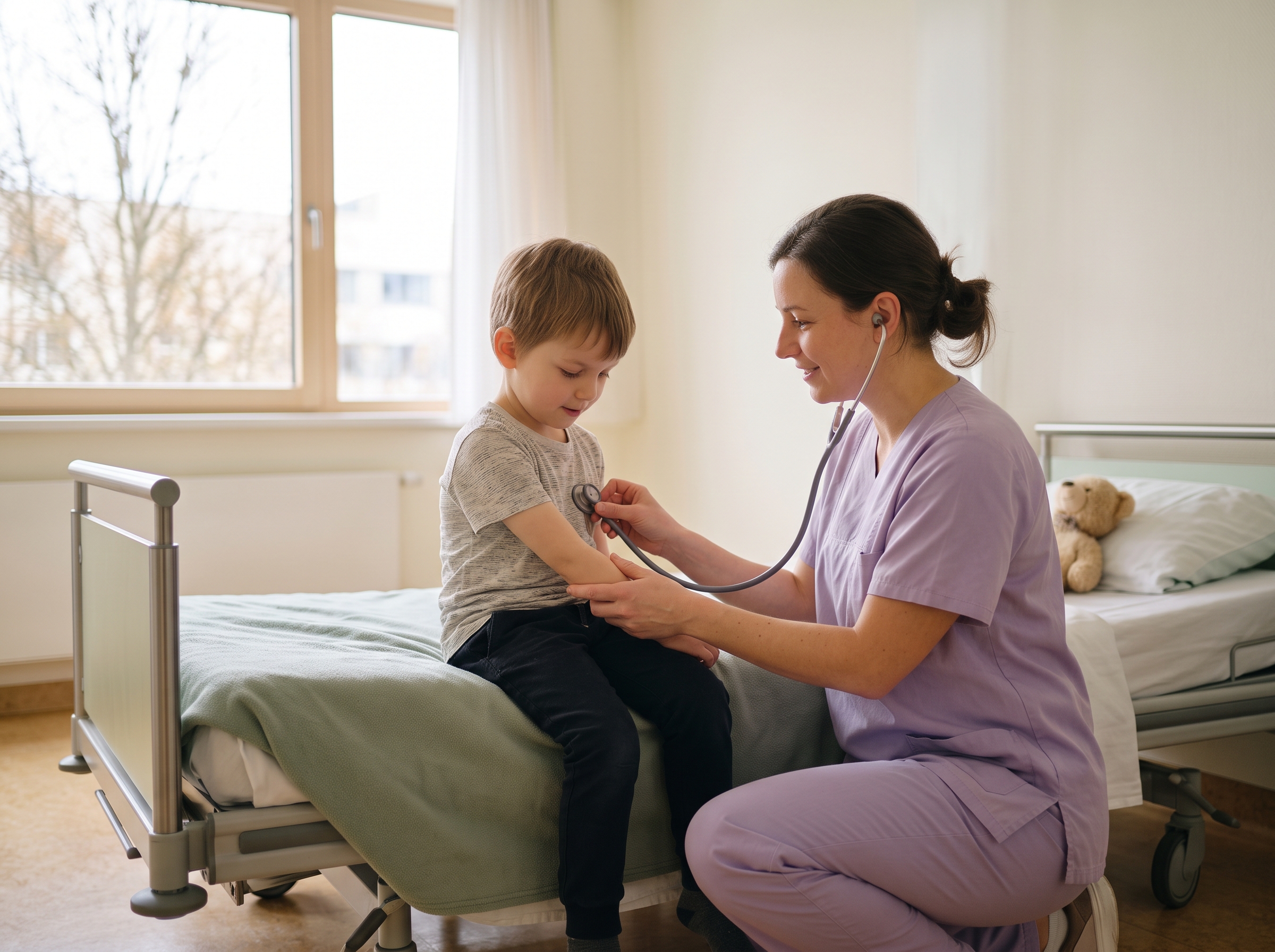Kinderkrankenpflegerin hört ein Kind auf der Station mit dem Stethoskop ab