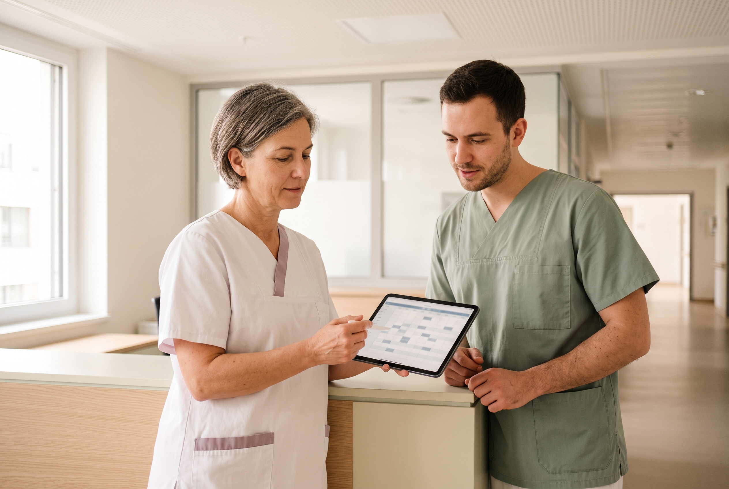 Stationsleitung und Pflegekraft besprechen den Dienstplan am Tablet