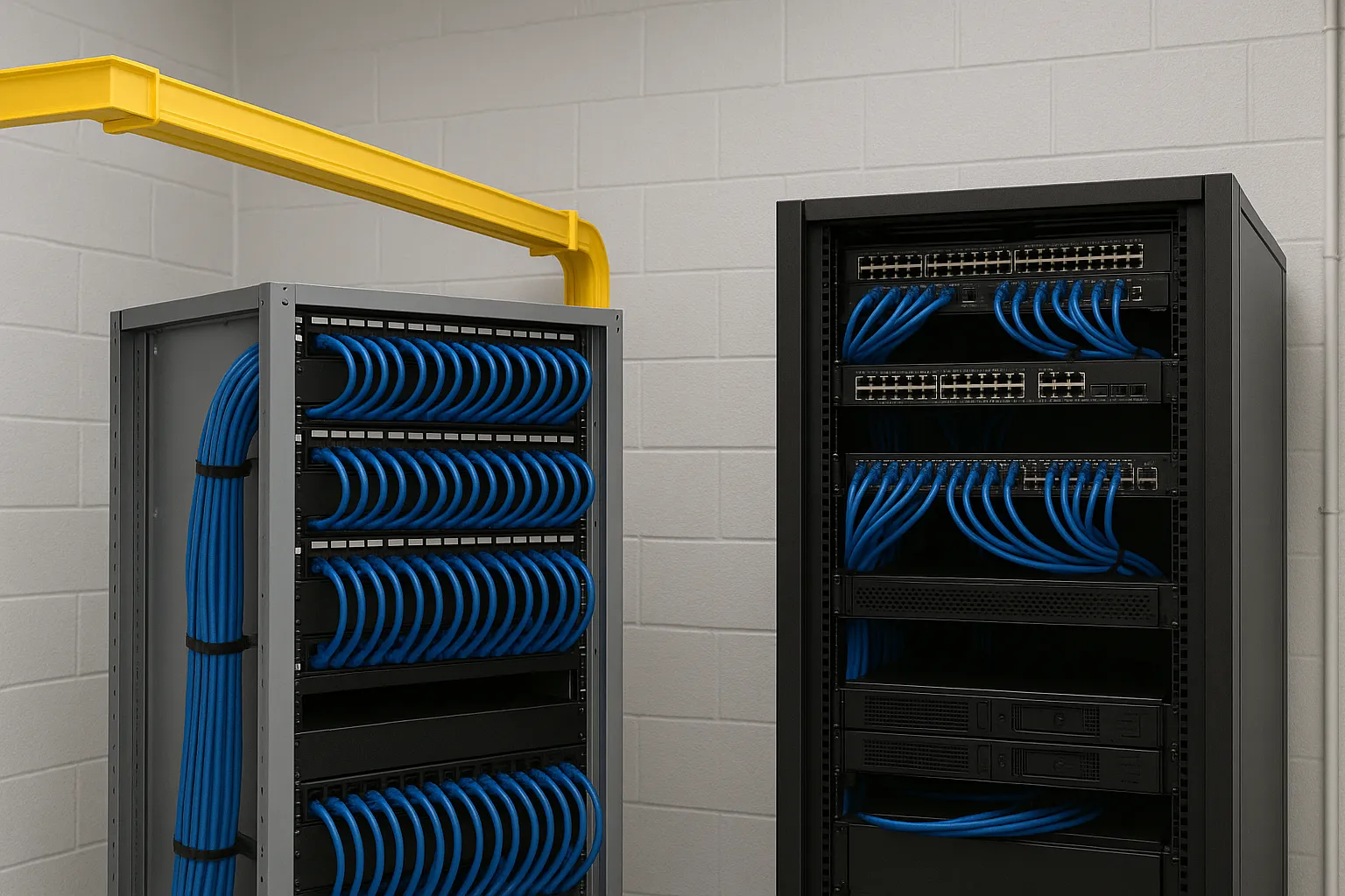Two server racks with organized blue network cables and a yellow cable tray above them against a gray brick wall.