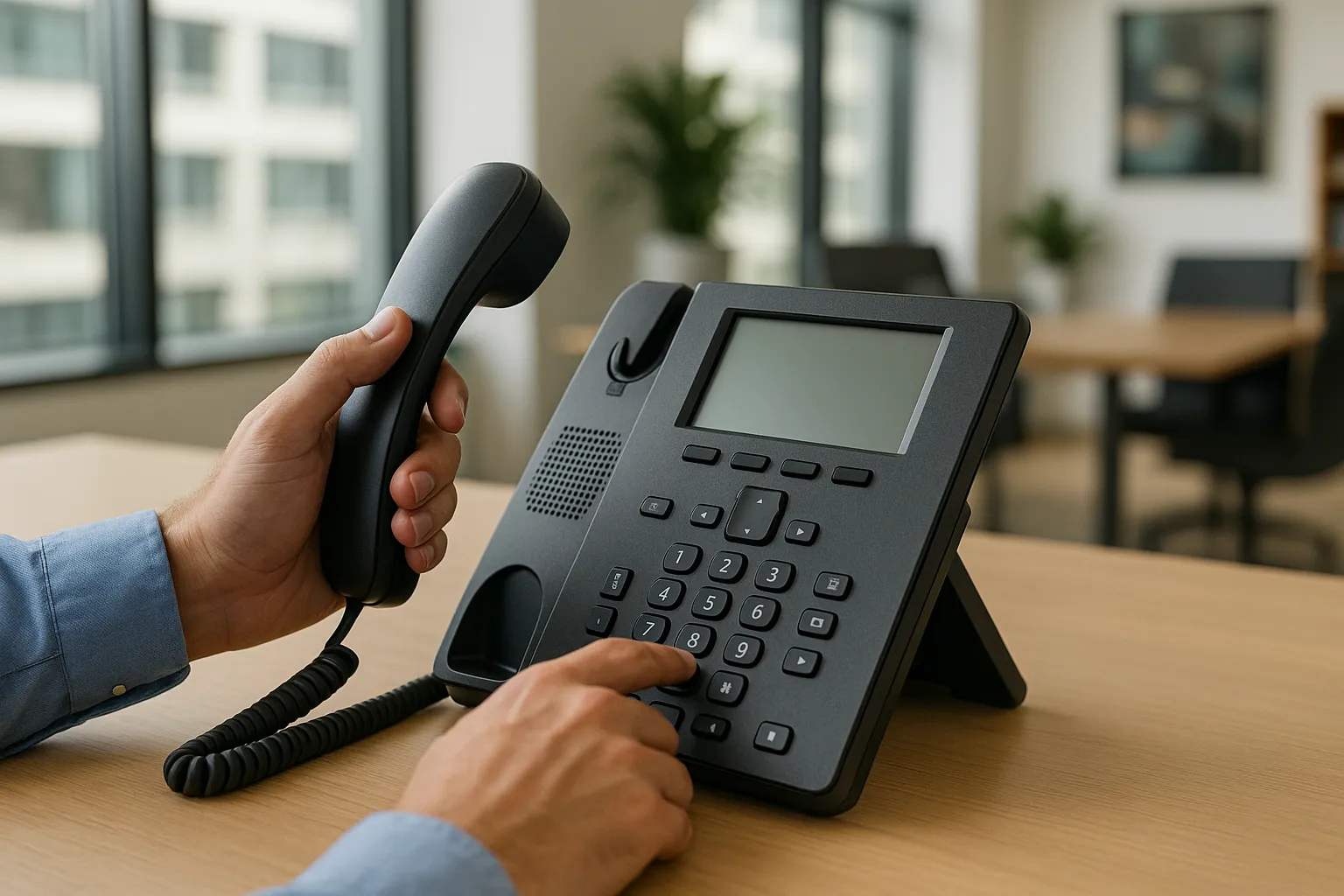 Hands holding and dialing a black office desk phone with a digital display on a wooden table in a modern office.