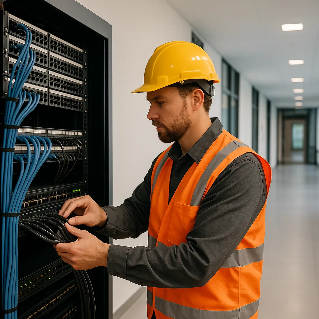 Technician wearing a yellow hard hat and orange safety vest organizes cables in a network server rack.
