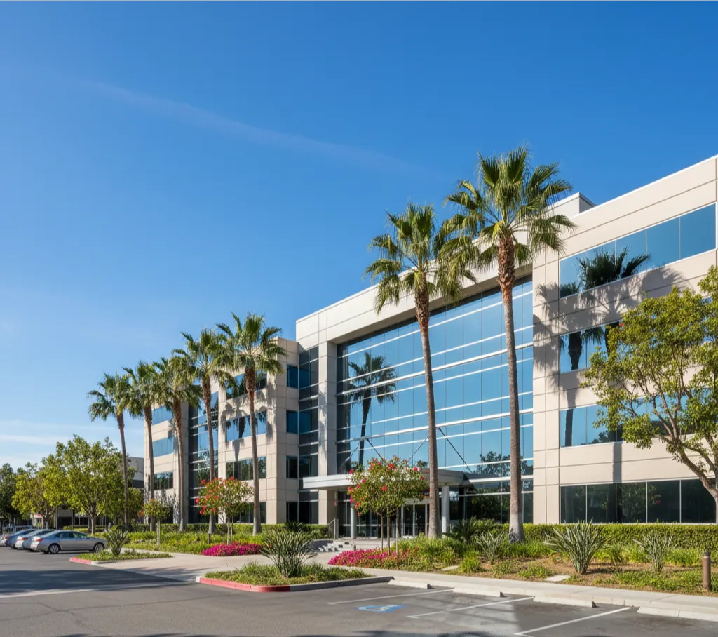 Modern commercial office building with large glass windows, palm trees, and landscaped greenery under a clear blue sky.