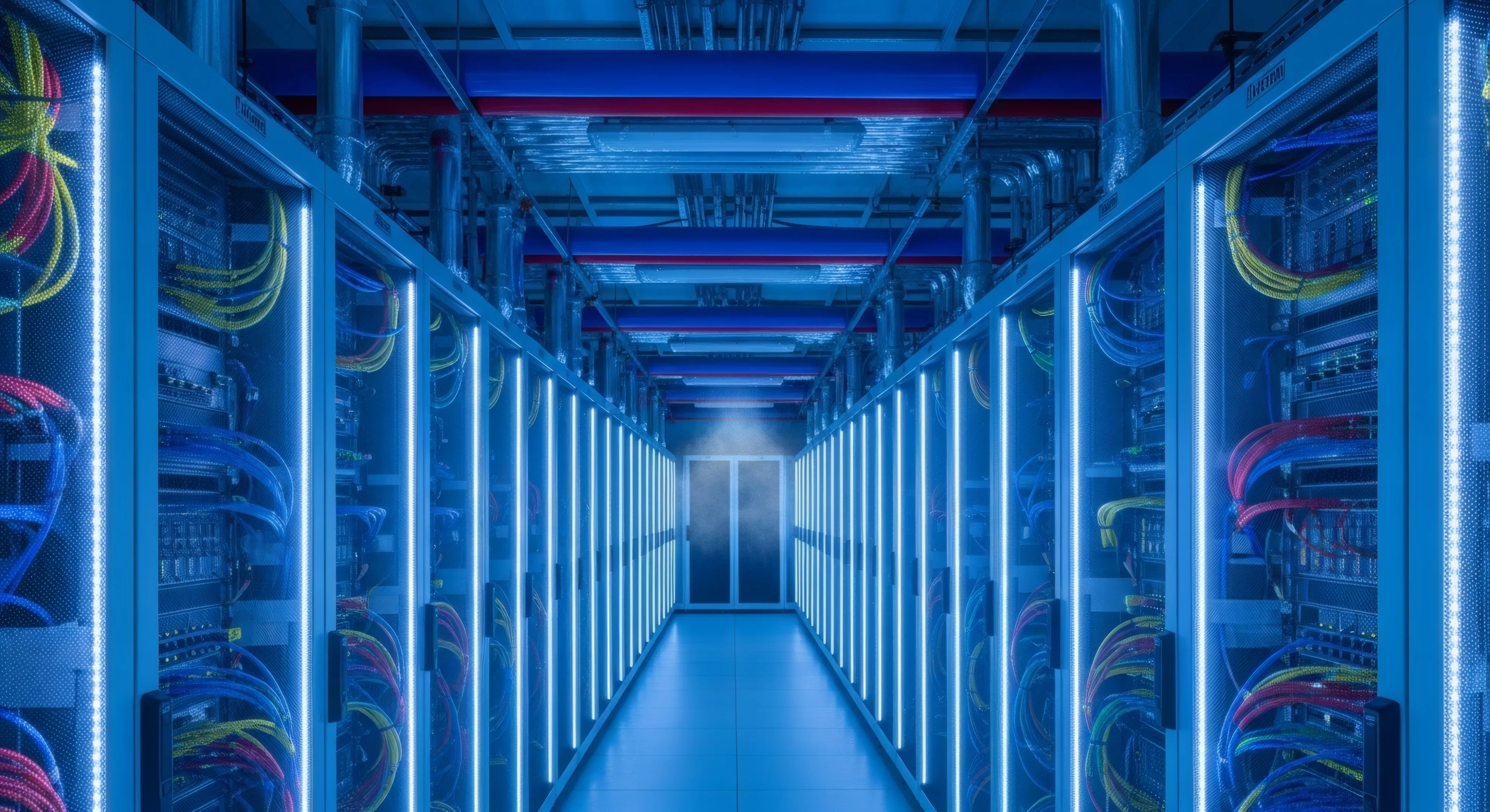 Symmetrical aisle of a high-tech data center with server racks glowing blue and colorful wired cables.