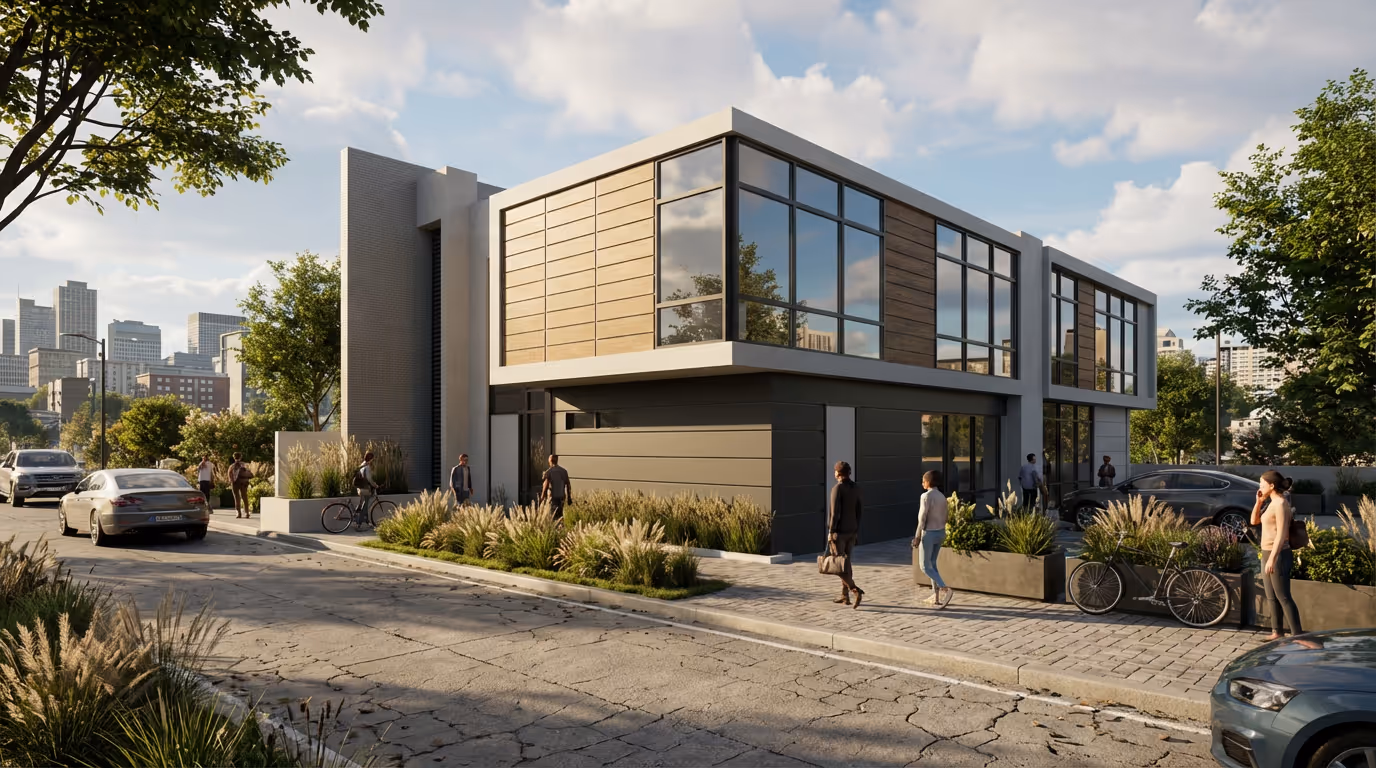 Maison moderne à deux étages avec grandes fenêtres, rue urbaine avec piétons, voitures et végétation.