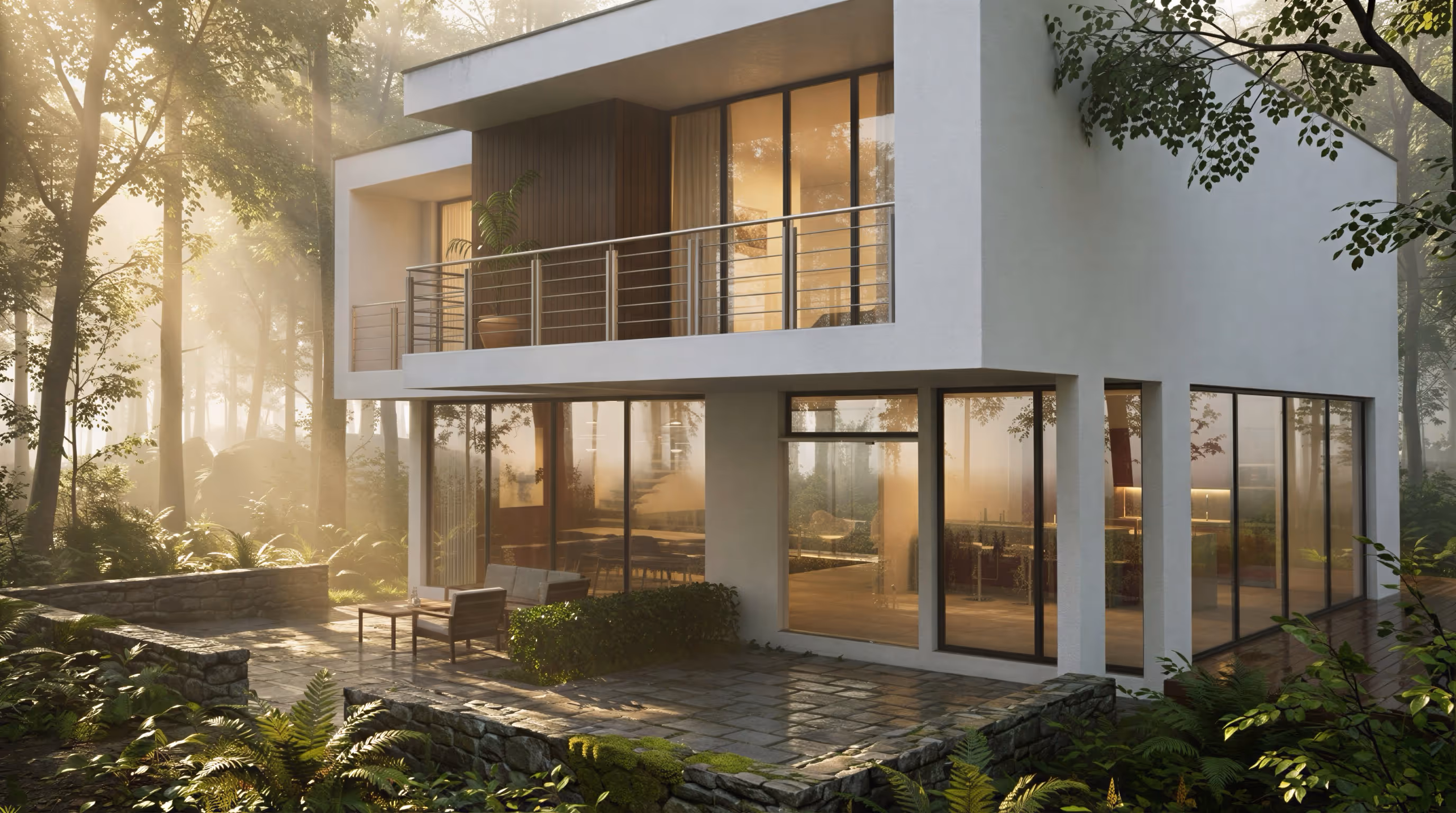 Maison moderne à deux étages avec grandes fenêtres en verre, balcon avec plante en pot et terrasse en pierre entourée de végétation luxuriante dans une forêt brumeuse au lever du soleil.