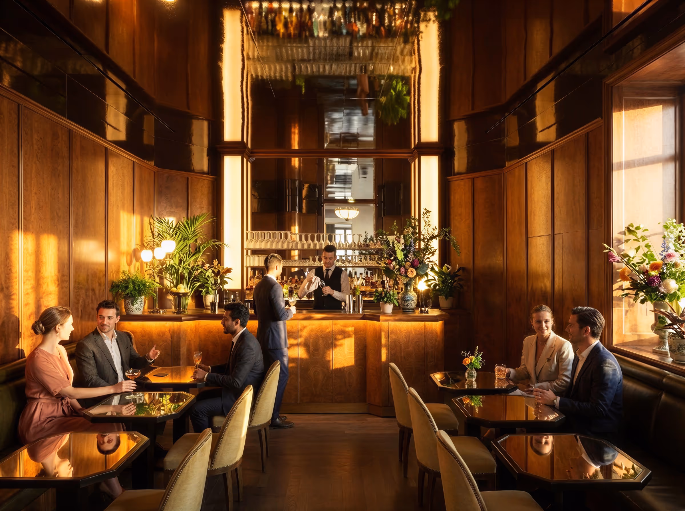 Maison en pierre beige avec terrasse aménagée, plusieurs silhouettes blanches y figurant au coucher du soleil dans un paysage vallonné.