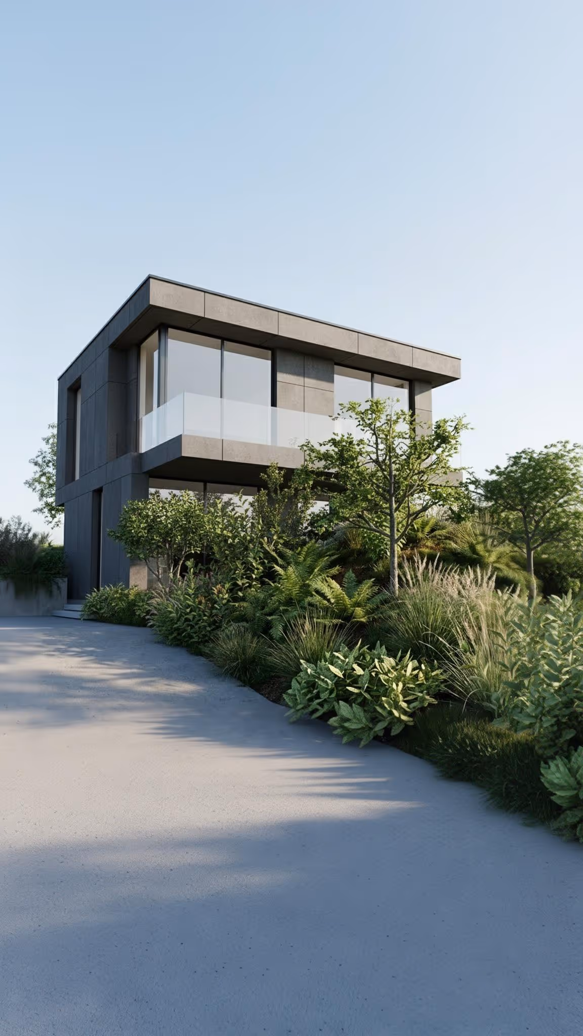 Maison moderne en béton avec balcon en verre entourée de végétation luxuriante et chemin en béton.