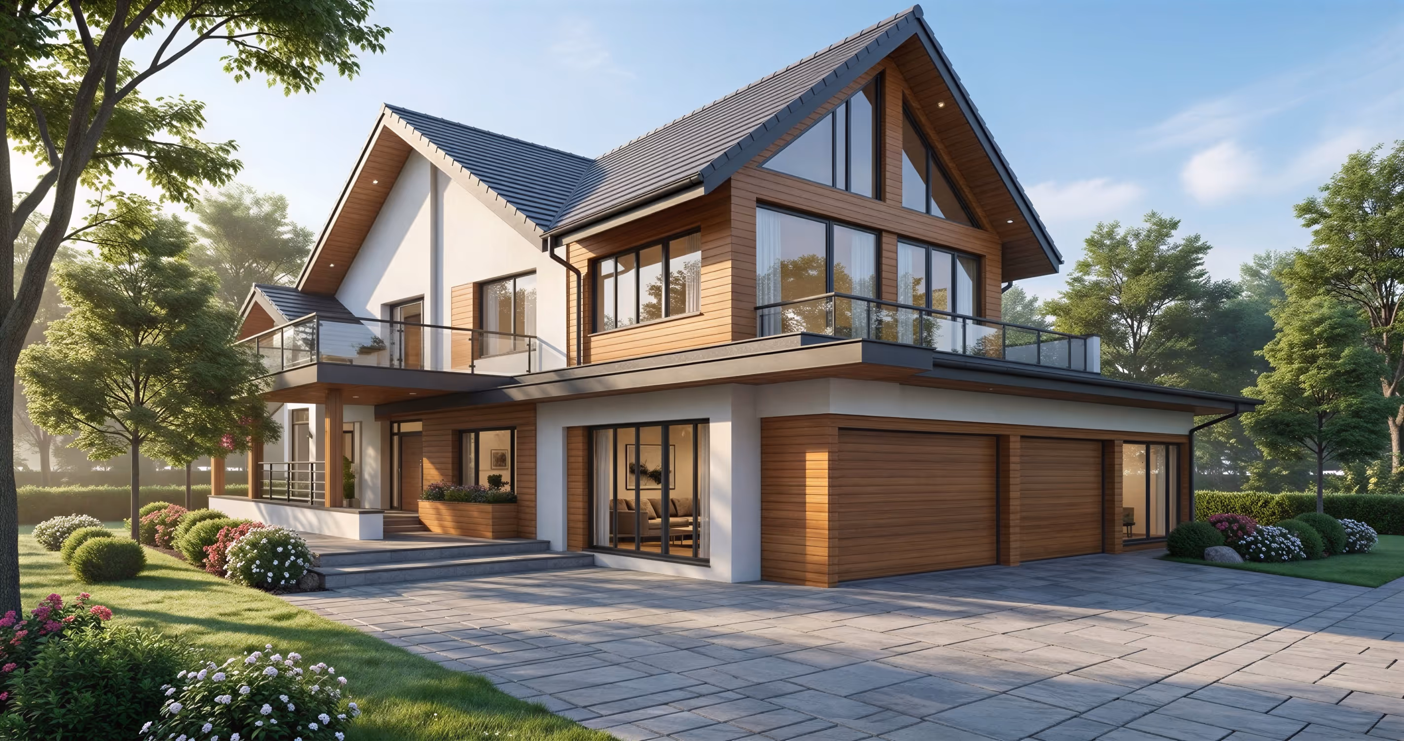 Maison moderne à deux étages avec façades en bois, grand garage double et jardin paysager sous un ciel bleu.