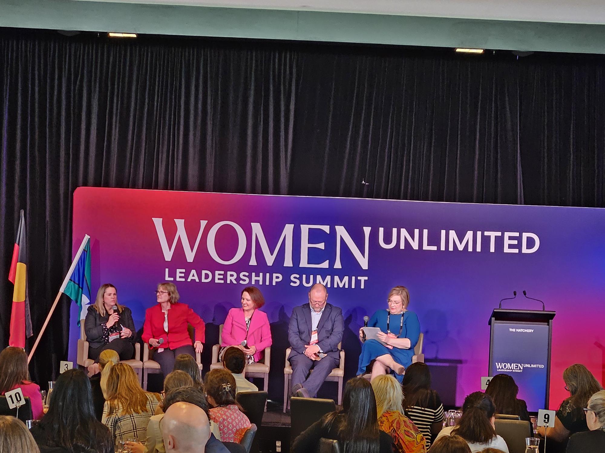 Women Unlimited speakers on stage including Leonie Boothby CEO of RDA Adelaide