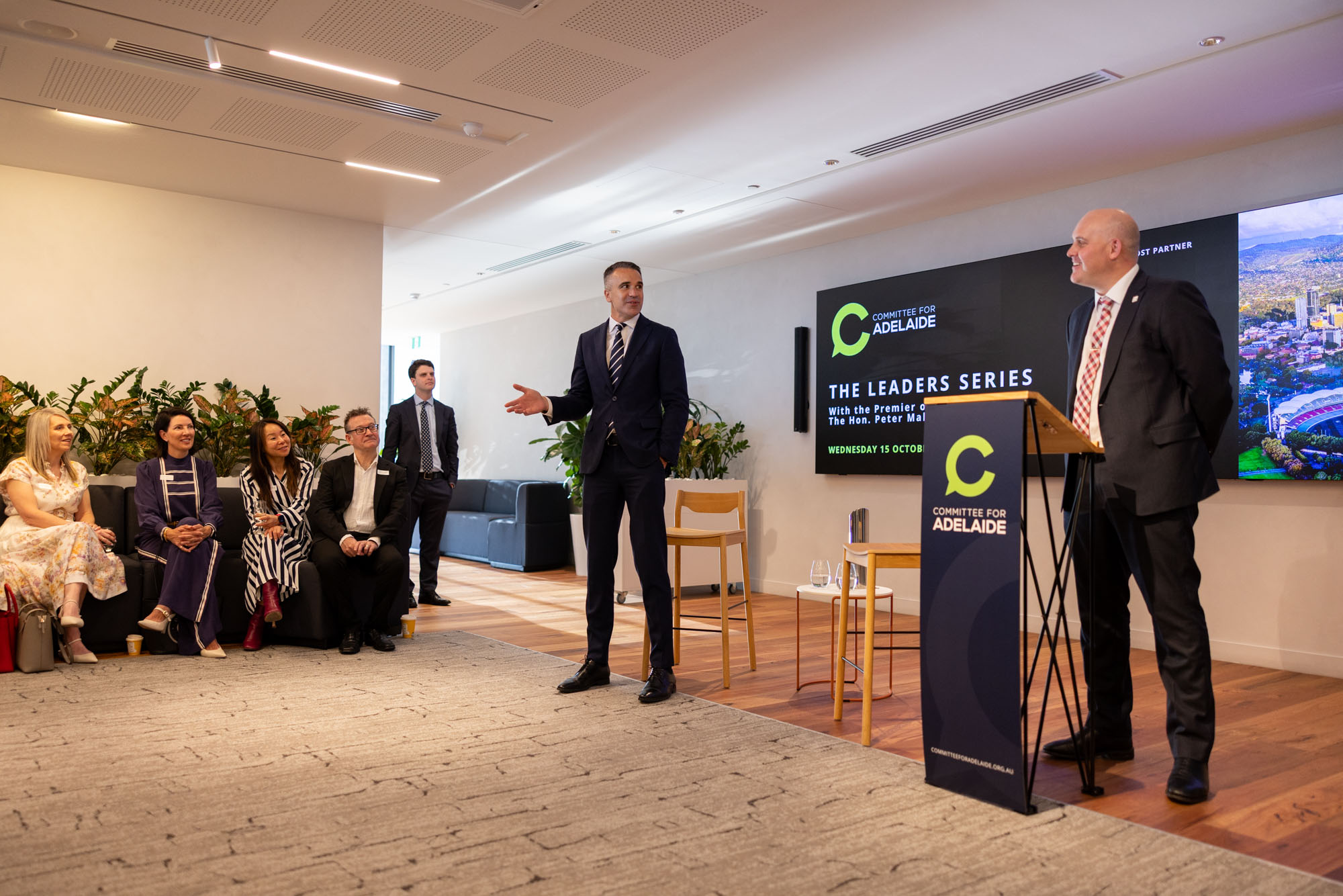Premier Mallinaukas in front of an audience at a Committee For Adelaide event.