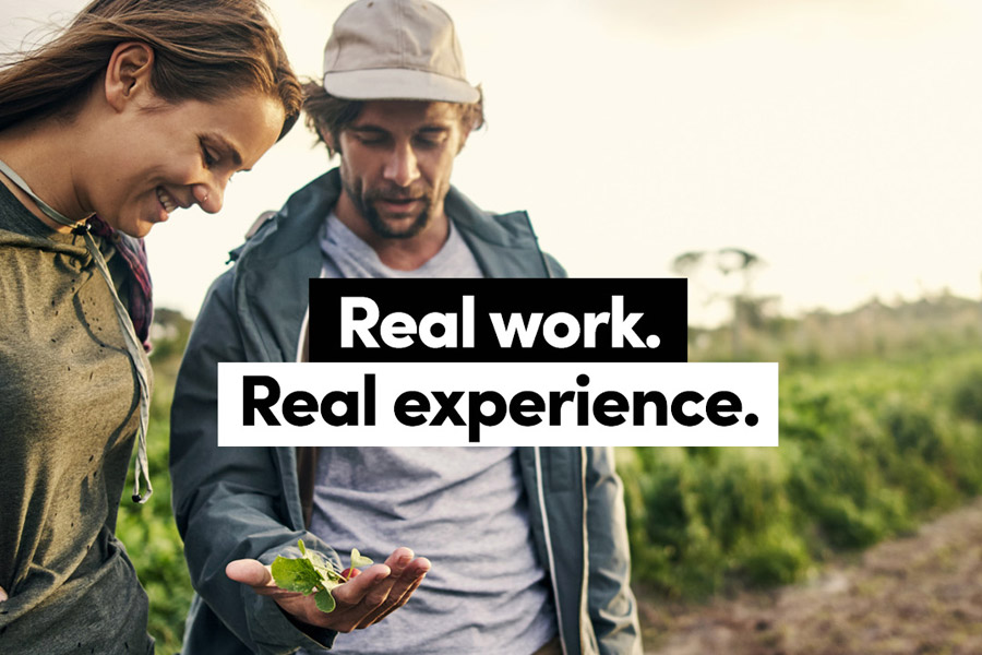 Two people inspect what theyve picked in a field. Title: Real work, real experience.