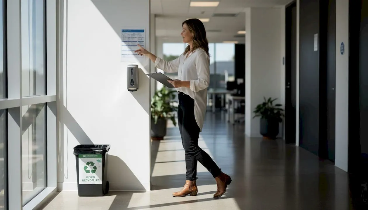 Woman holding a clipboard pointing to a cleaning schedule next to a mixed recycling bin