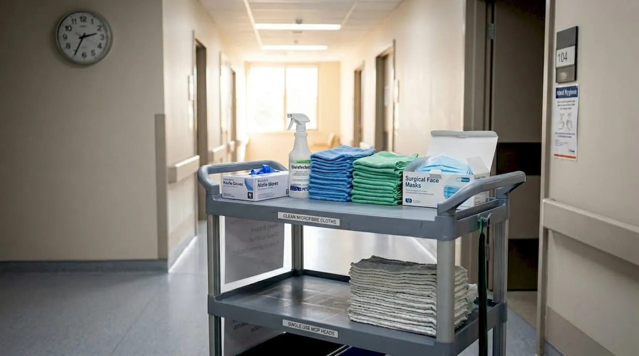 Cleaning cart stocked with folded microfiber cloths, surgical masks, and spray bottles in a facility hallway