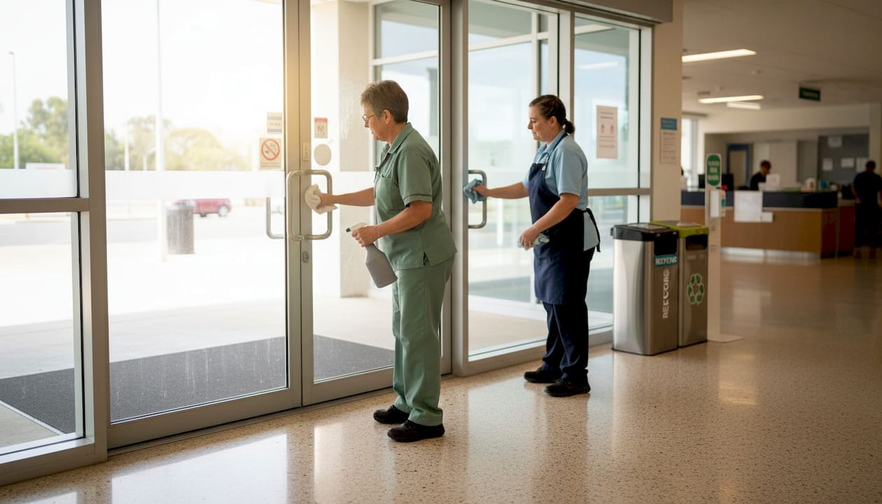 Staff wiping entrance door handles in hospital lobby