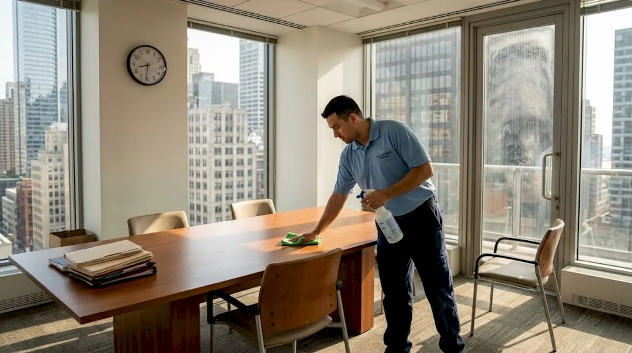 Cleaner wiping a wooden boardroom table with disinfectant in a high-rise office
