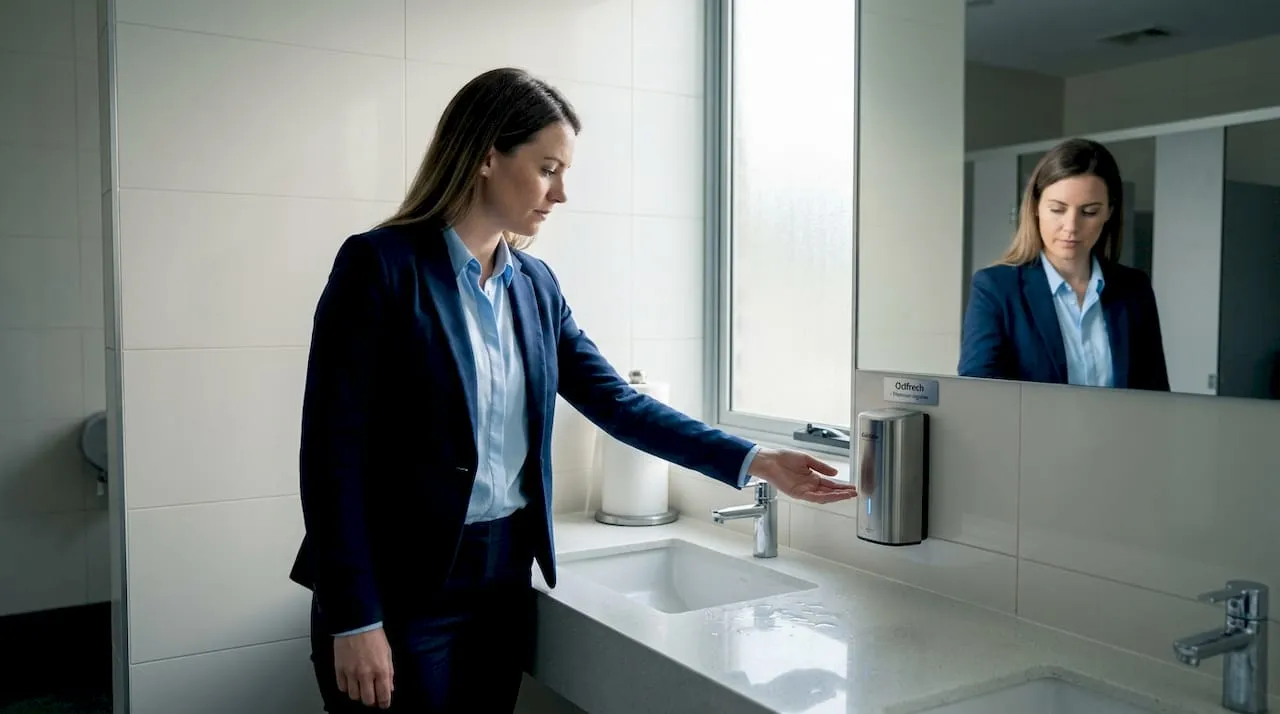 Woman placing her hand under a wall-mounted Ozifresh automatic sensor soap dispenser