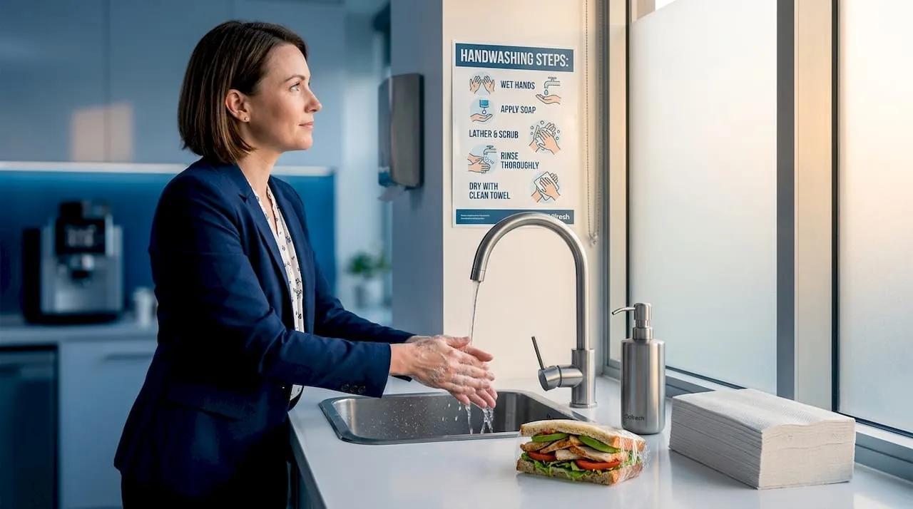 Woman washing her hands at a kitchen sink next to a handwashing steps poster