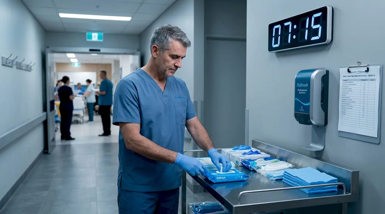 Healthcare worker in scrubs grabbing a sanitising wipe from a trolley in a hospital corridor
