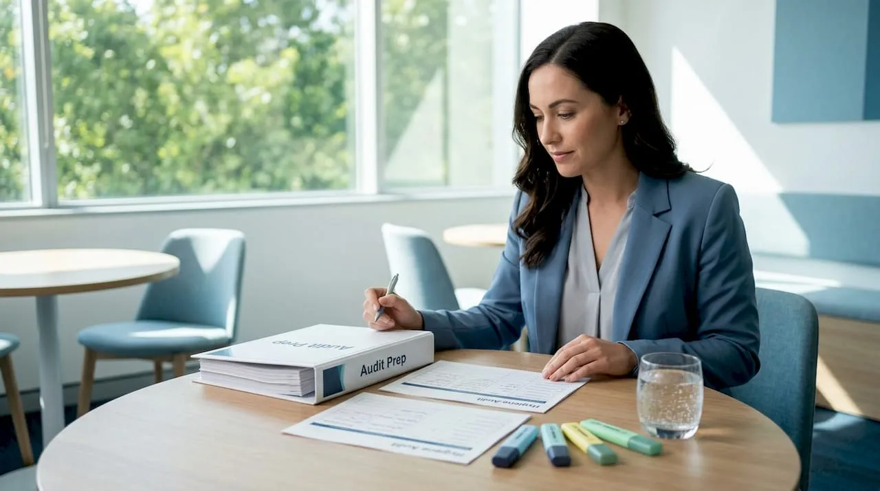 Facility manager writing on a hygiene audit sheet next to an audit prep binder
