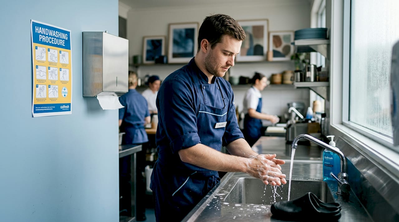 Staff member washing hands in kitchen workspace