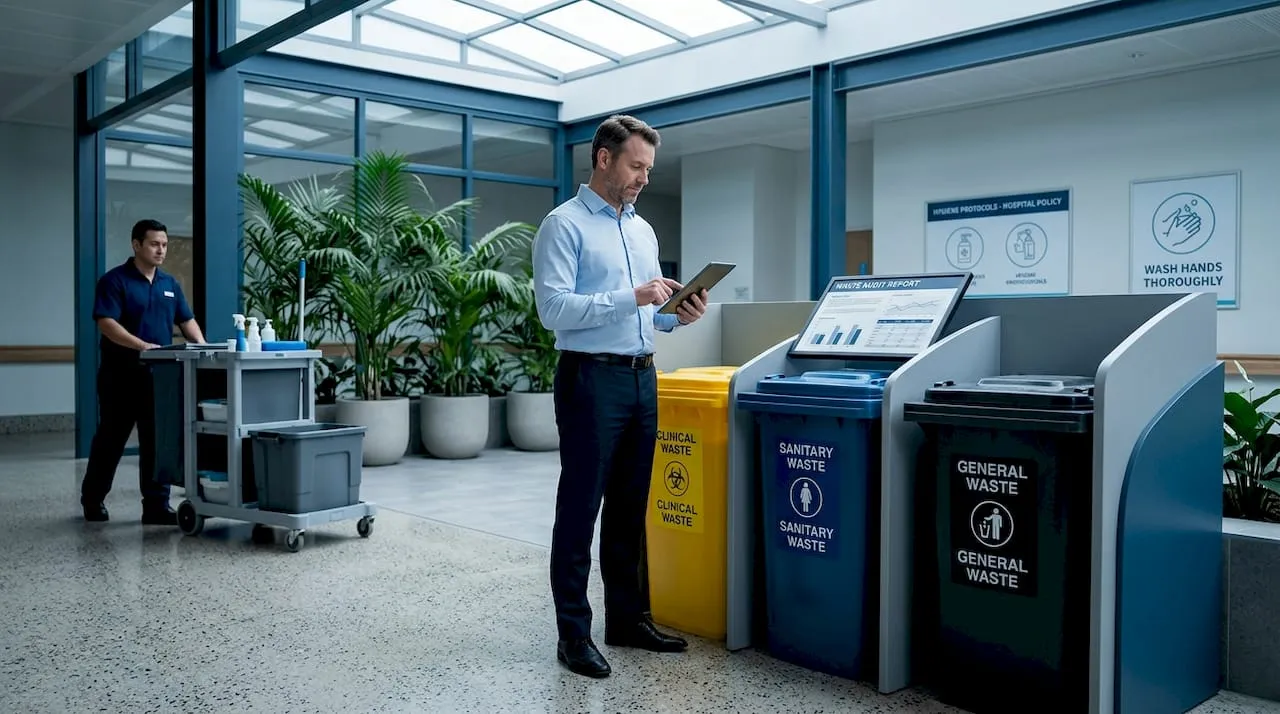 Hygiene inspector with tablet checking sanitary, clinical, and general waste bins in a facility
