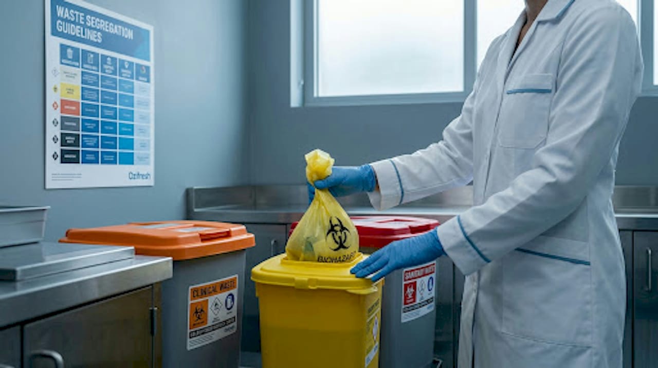 Healthcare worker segregating waste in bins