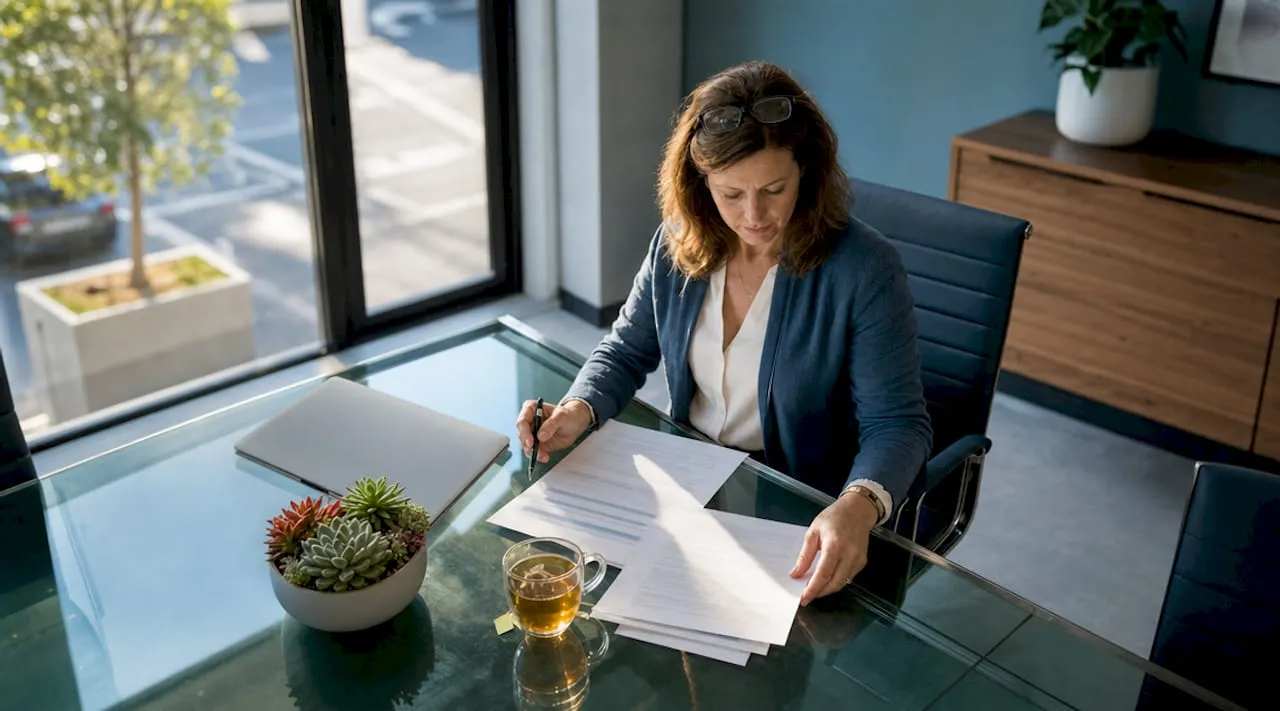 Executive reviewing commercial service agreements at a glass office desk