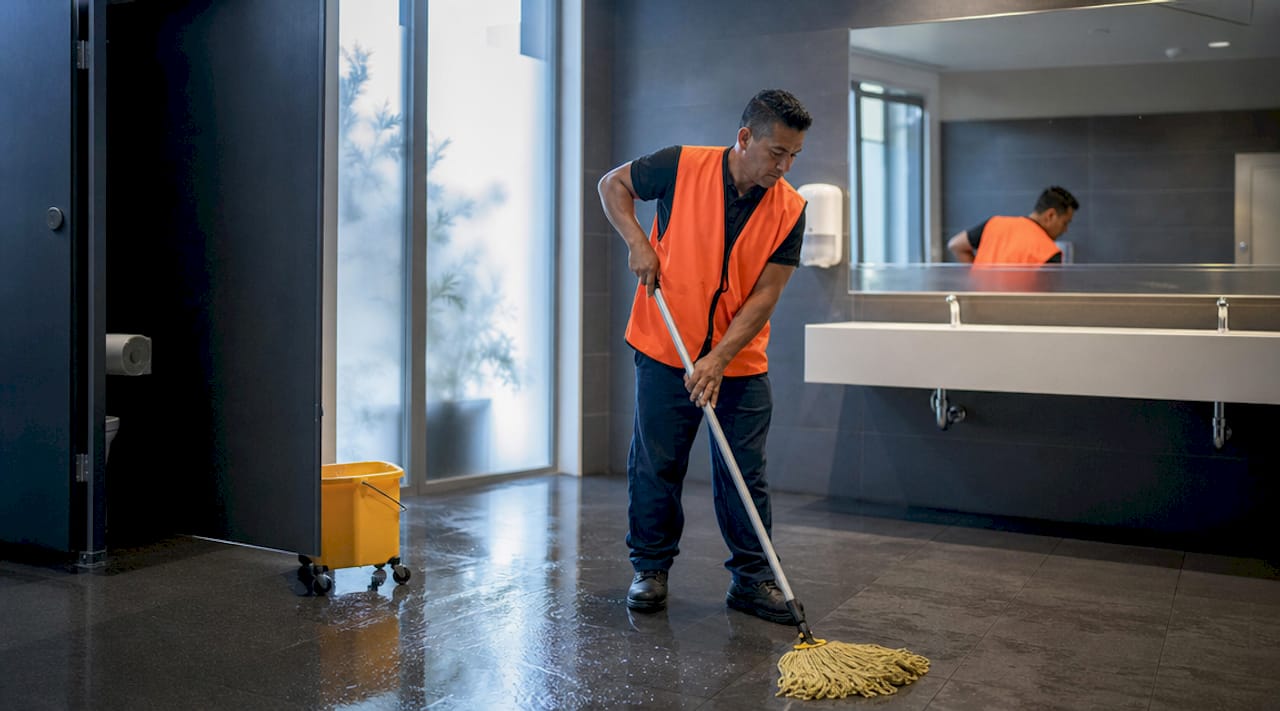 Janitor mopping wet floor to prevent slips