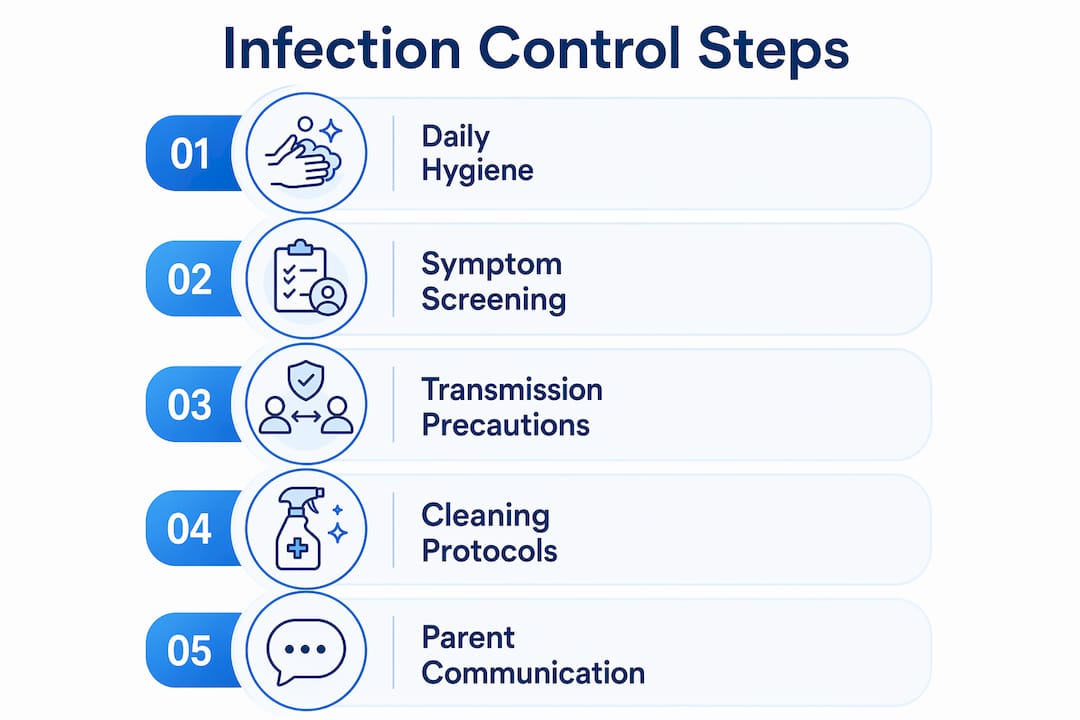 Infographic illustrating infection control steps in schools