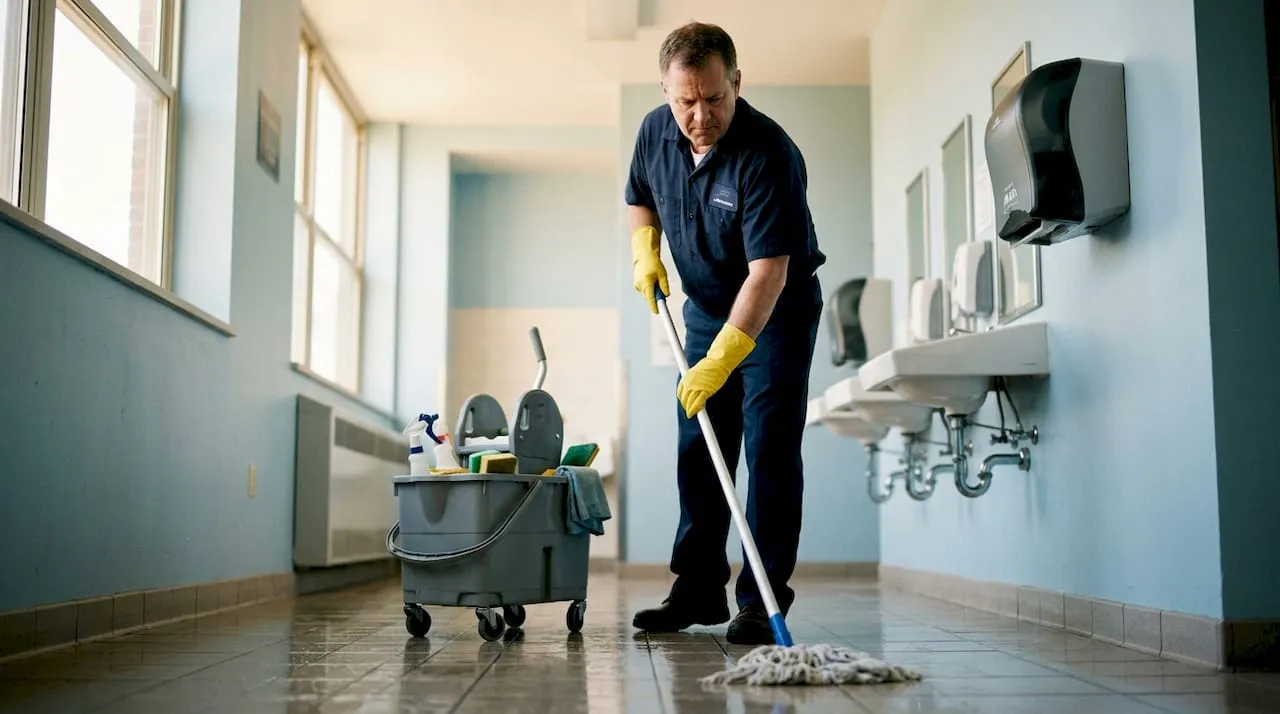 Commercial cleaner mopping the floor in a public washroom near a mop bucket trolley