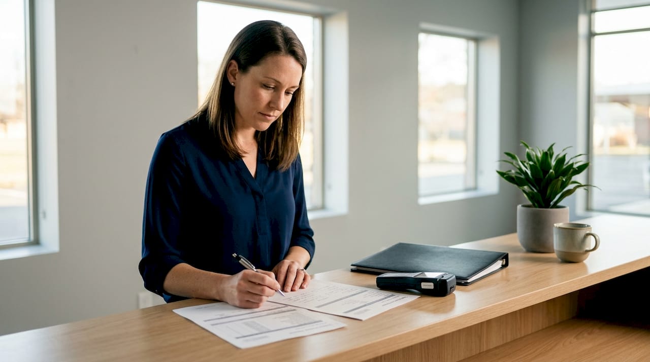 School administrator reviewing hygiene test reports