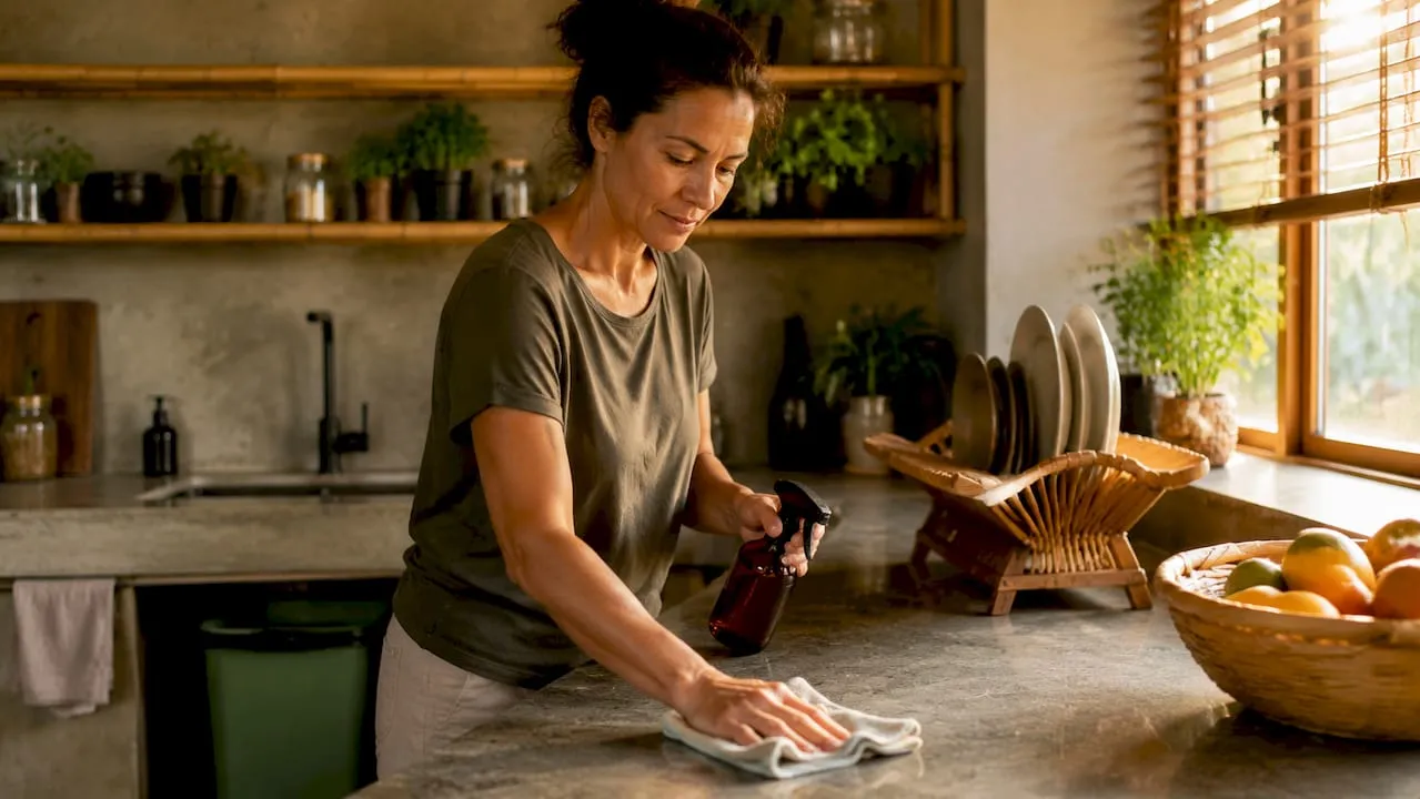 Woman spraying and wiping a stone kitchen countertop with a cloth spray bottle