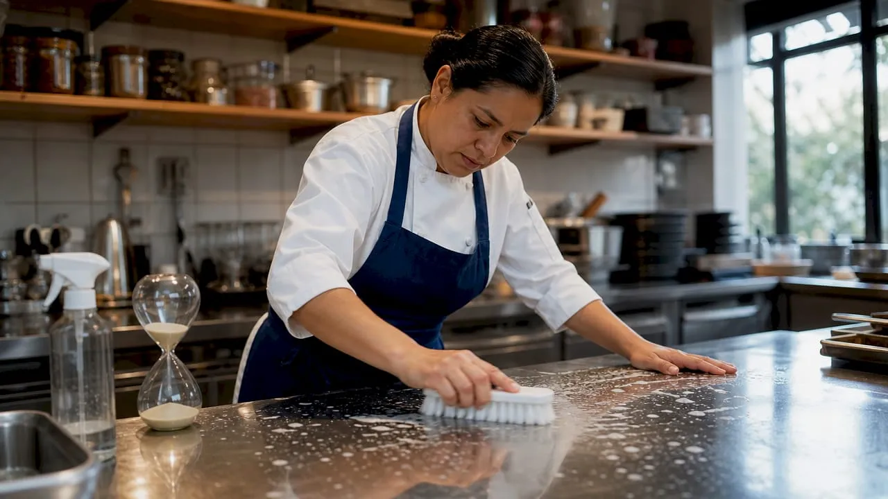 Chef scrubbing a stainless steel commercial kitchen bench with a hand brush and soap
