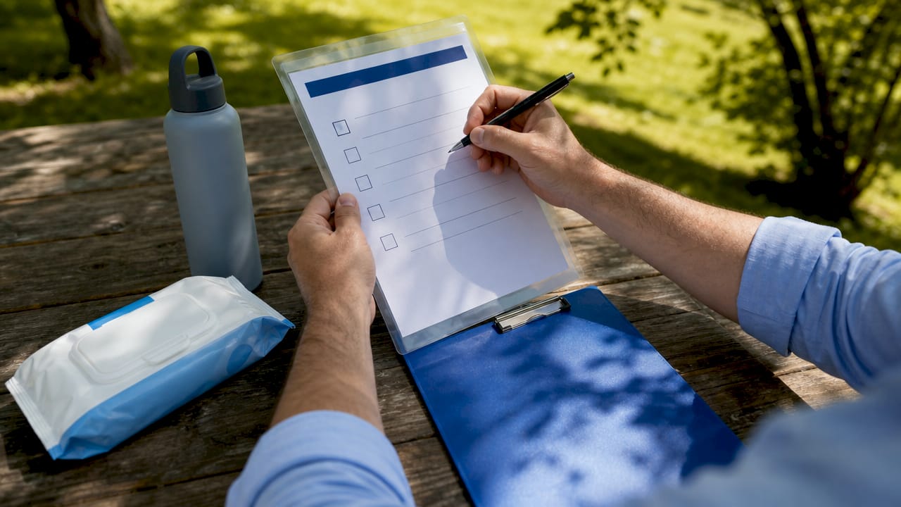 Hands reviewing restaurant sanitation checklist