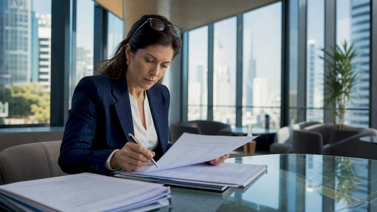 Businesswoman reviewing service contracts at a glass desk in a modern high-rise office