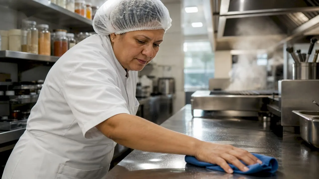 Commercial kitchen worker wearing a hairnet wiping down a stainless steel bench with a cloth