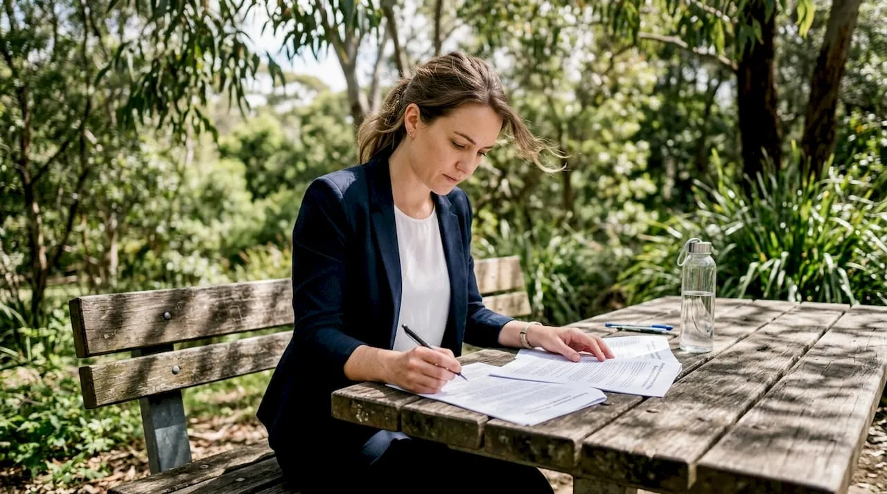 Businesswoman filling out paperwork on a wooden picnic bench in a park setting
