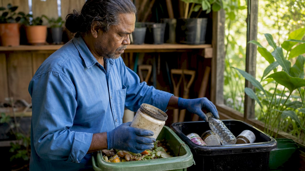 Worker segregating waste into labeled bins