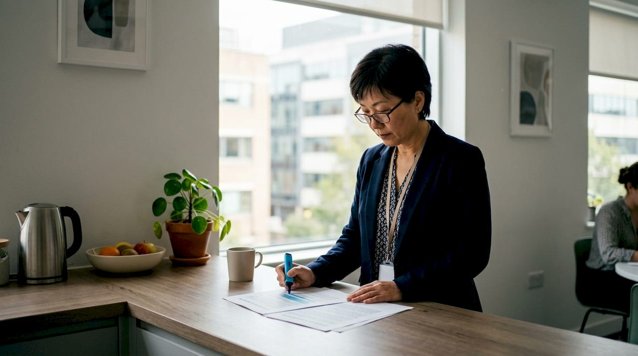 Woman highlighting a hygiene compliance document on a breakroom kitchen counter