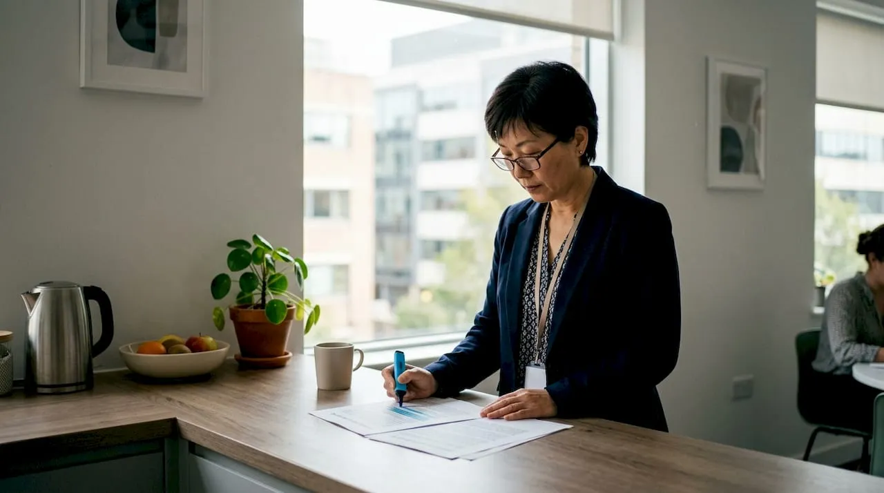 Woman highlighting a hygiene compliance document on a breakroom kitchen counter