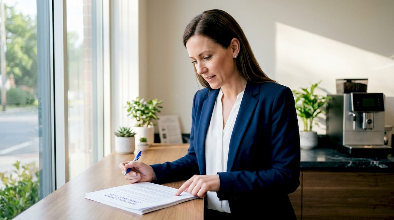 Executive reviewing an infection control audit document on a counter near a coffee machine