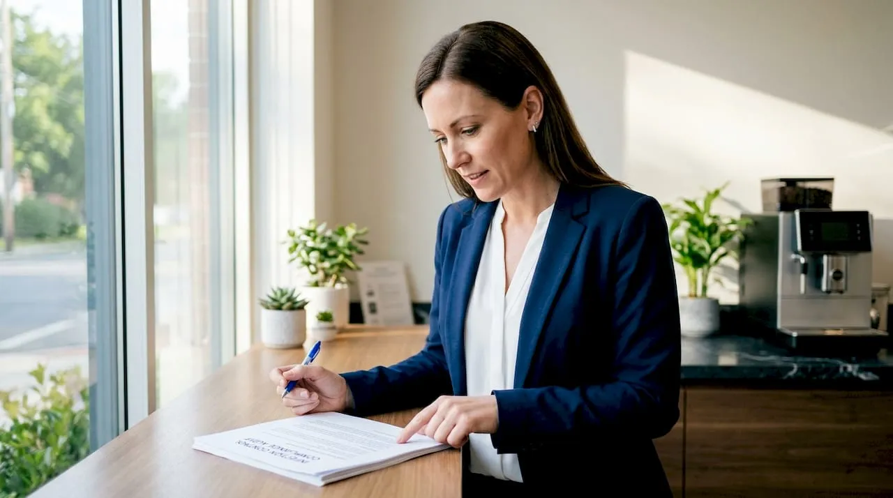 Executive reviewing an infection control audit document on a counter near a coffee machine