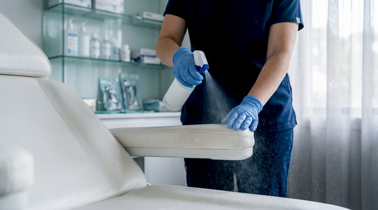 Healthcare worker applying disinfectant on clinic chair