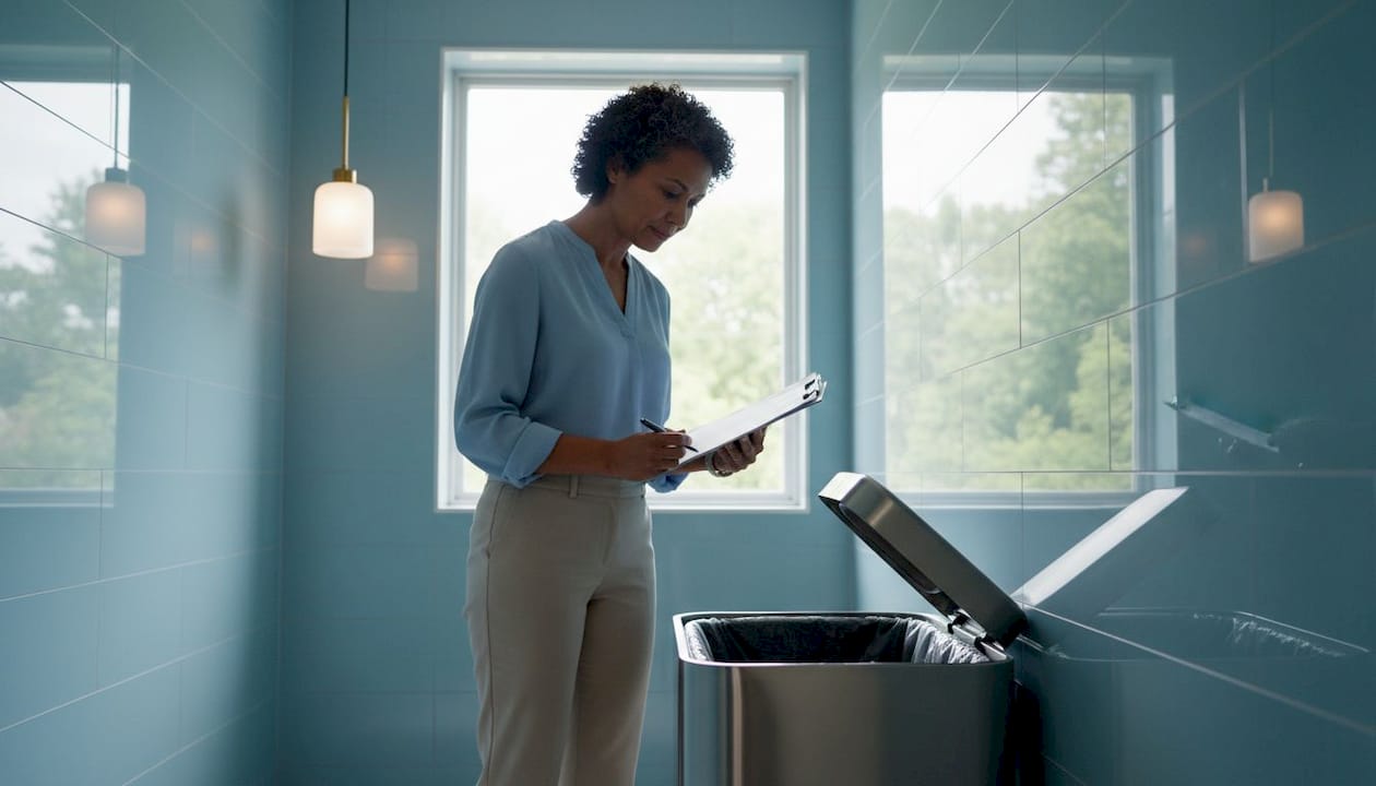 Woman holding a clipboard auditing a stainless steel sensor bin in a tiled washroom