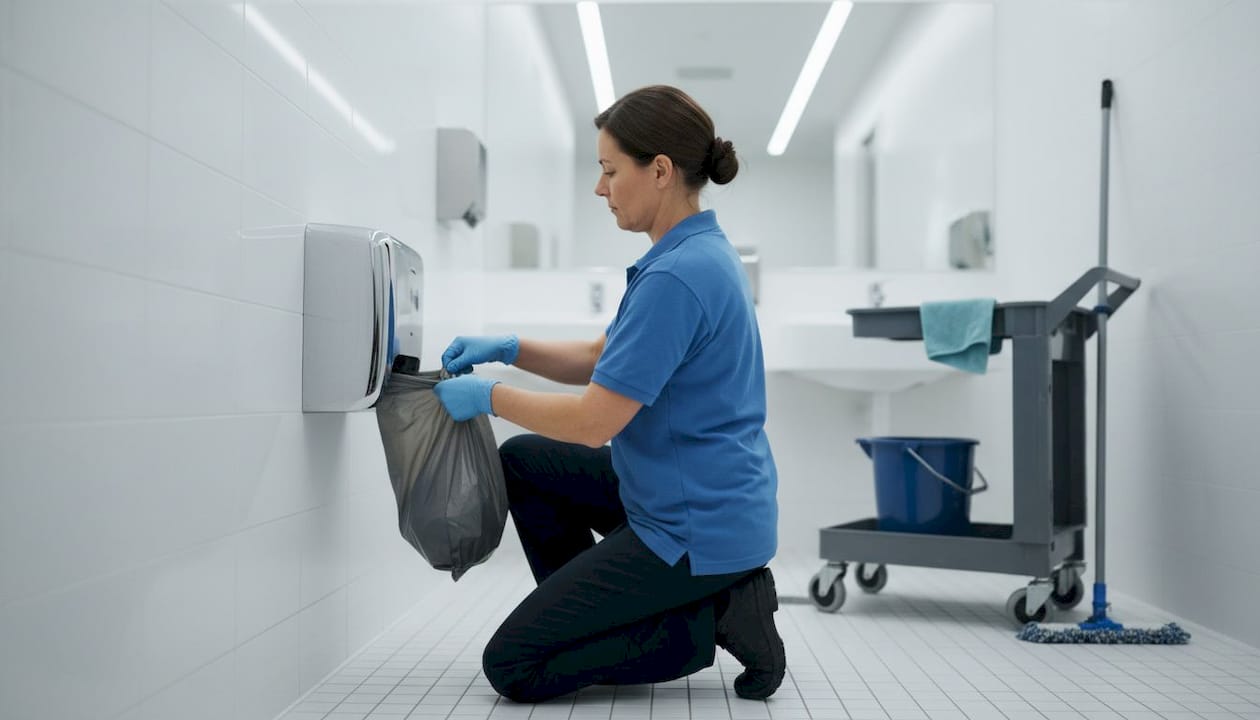 Janitorial worker removing sealed sanitary bin liner