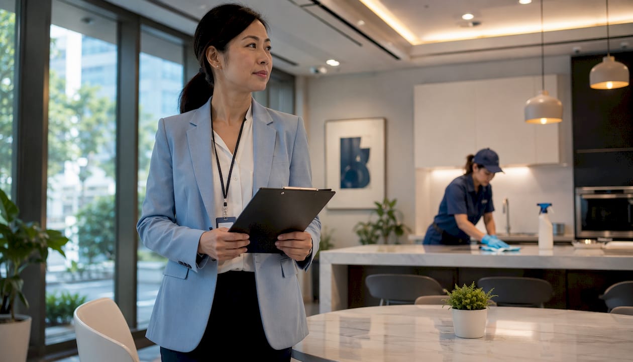 Commercial facility manager with clipboard inspecting office hygiene and cleaning services