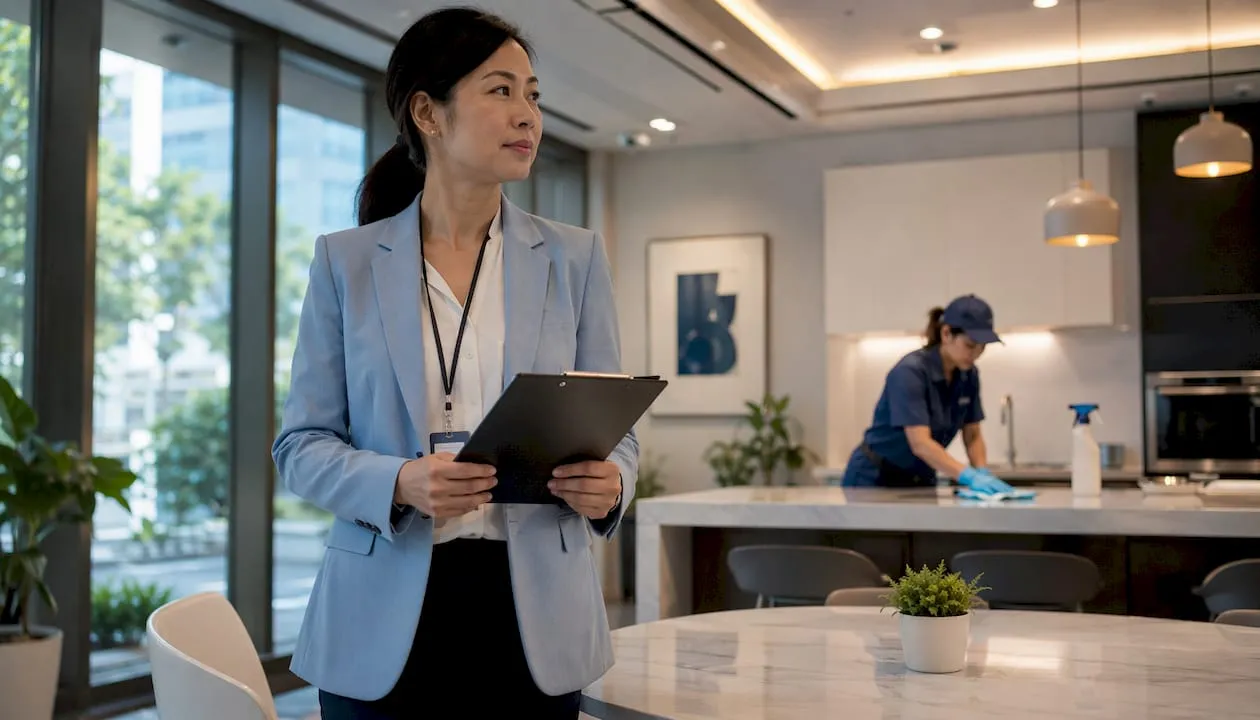 Commercial facility manager with clipboard inspecting office hygiene and cleaning services